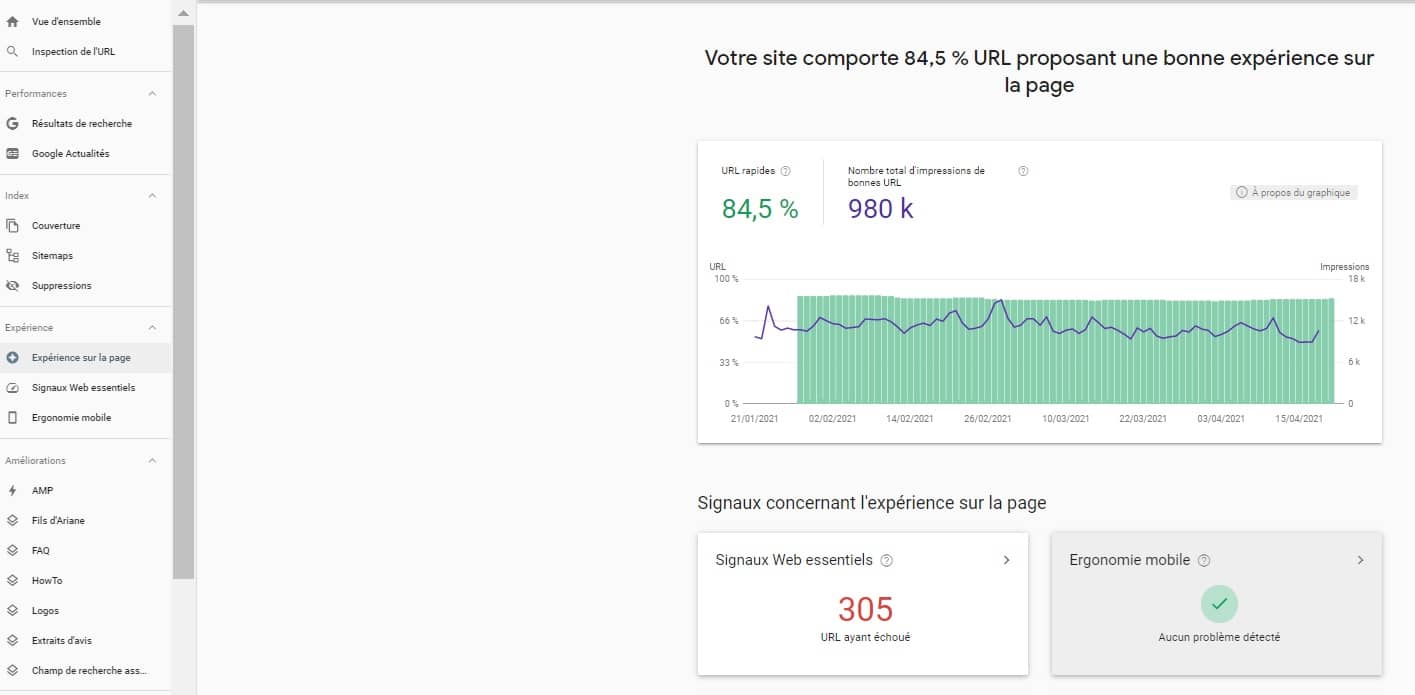 rapport page experience search console